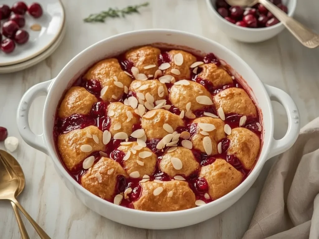 Cherry cranberry dump cake with golden topping and almonds