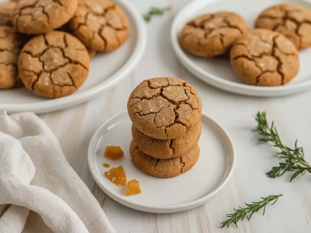 Stack of chewy ginger cookies with crackled sugar tops and crystallized ginger