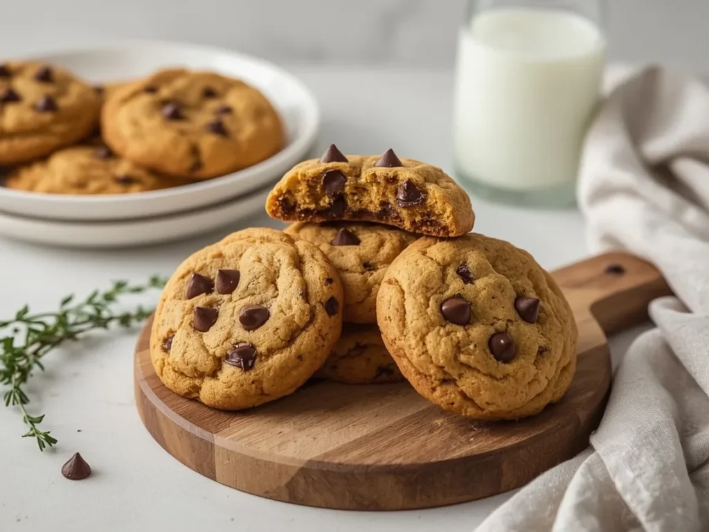 Chewy pumpkin chocolate chip cookies on a wooden board