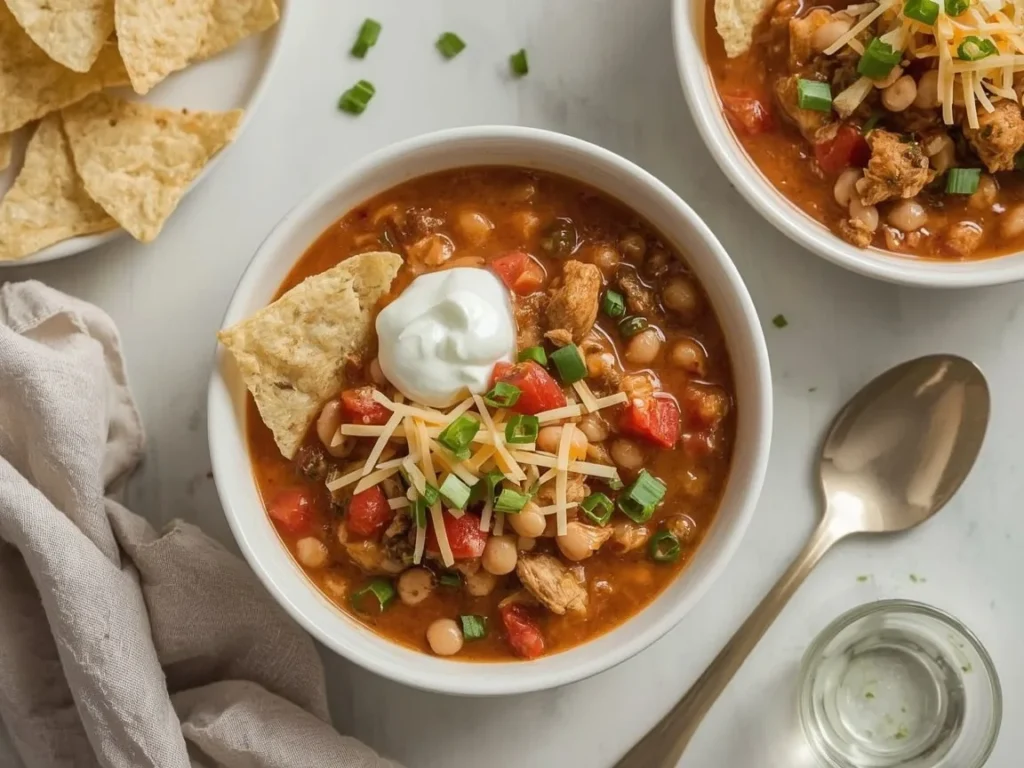 Chicken chili topped with sour cream, cheddar and scallions