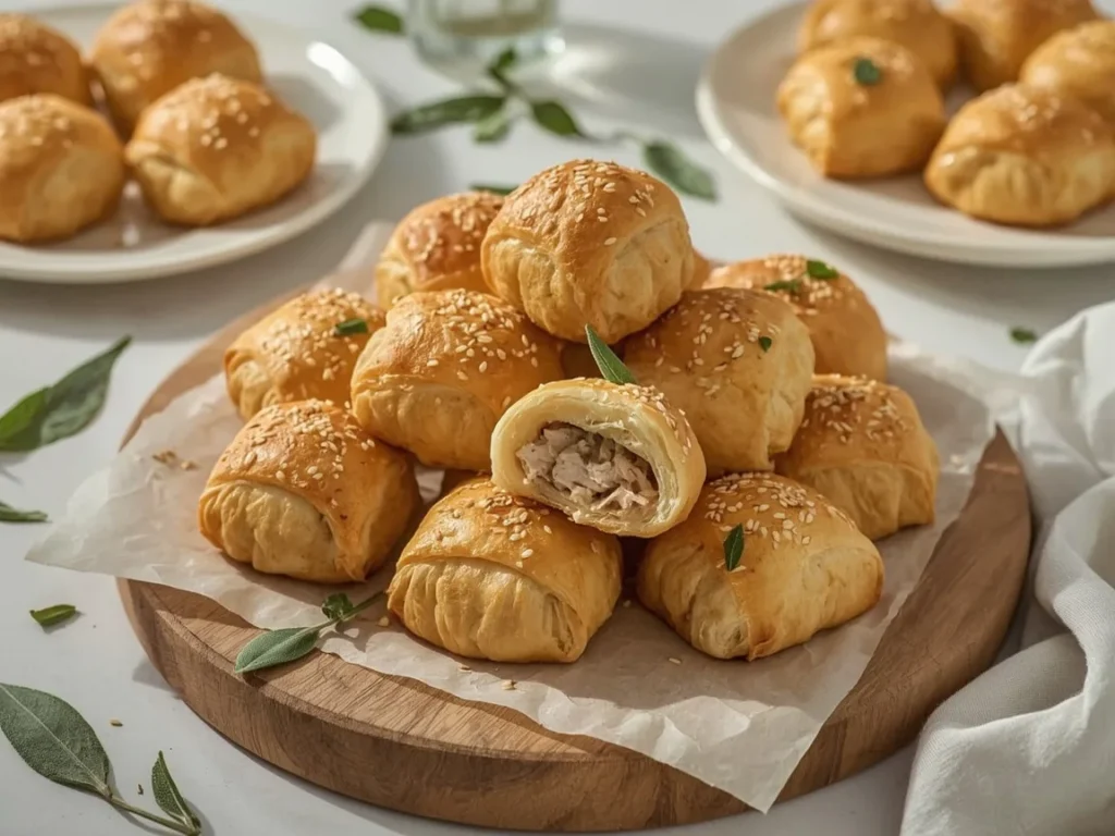 Chicken and herb sausage rolls in golden puff pastry on a wooden board