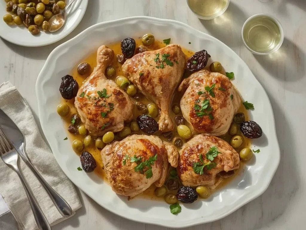 Chicken Marbella with prunes, green olives and capers on a large platter