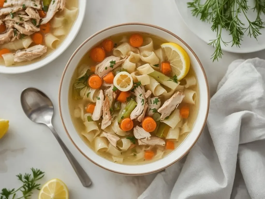 Chicken noodle soup with carrots, celery and fresh dill in a white bowl