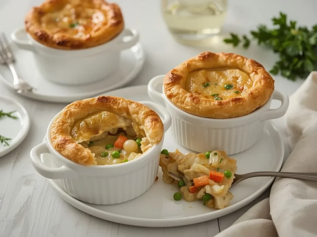 Chicken pot pies with golden crusts, one showing creamy chicken and vegetable filling