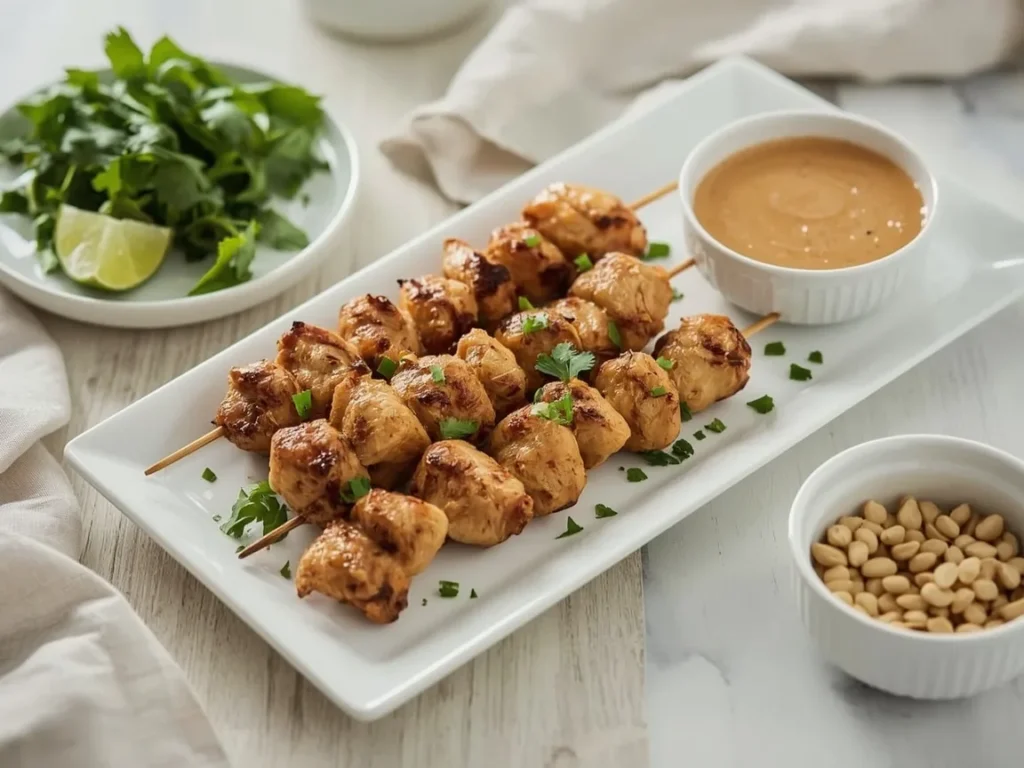 Chicken satay skewers with peanut sauce, chopped peanuts and lime wedges