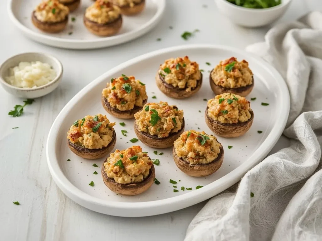 Chicken sausage stuffed mushrooms with golden parmesan topping on a white platter