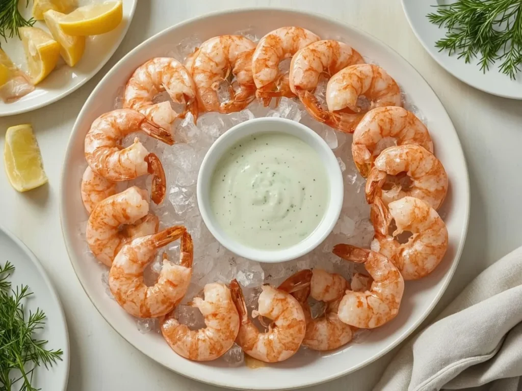 Chilled shrimp around a bowl of lemon-dill sauce with lemon wedges