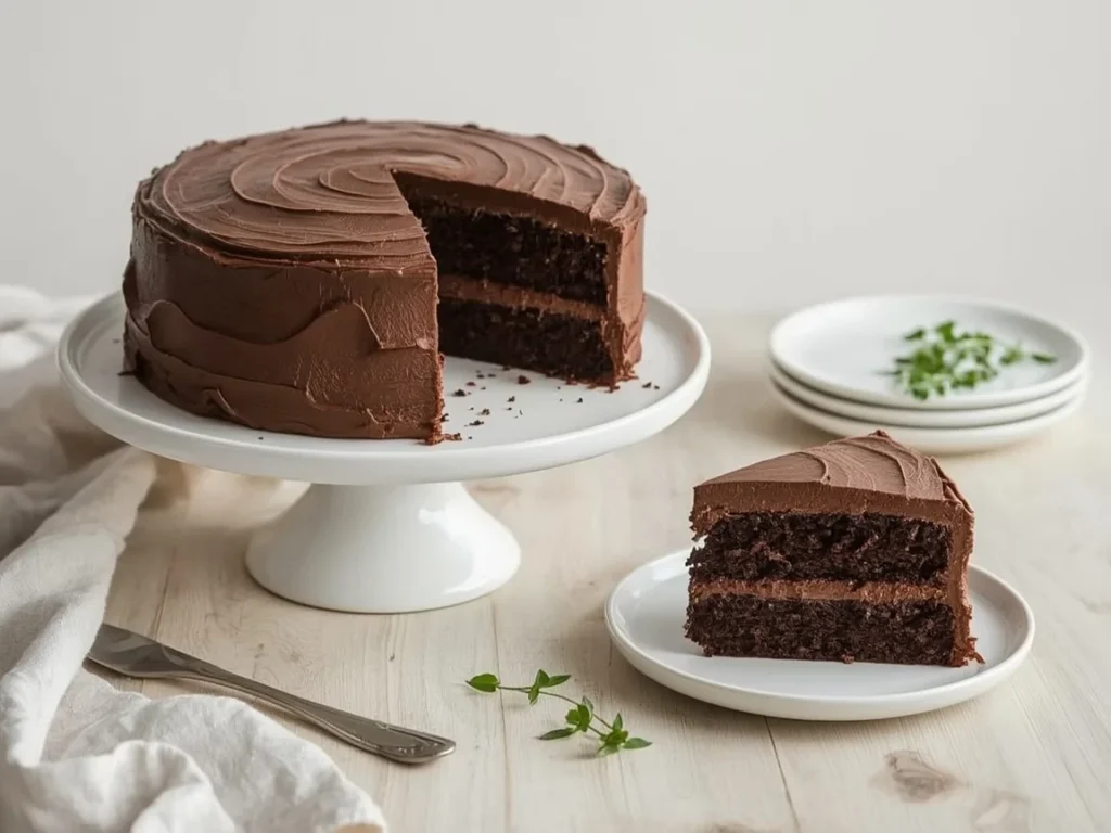 Chocolate layer cake with chocolate buttercream and a slice on a plate