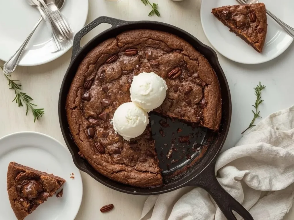 Chocolate chip pecan skillet cookie with scoops of vanilla ice cream