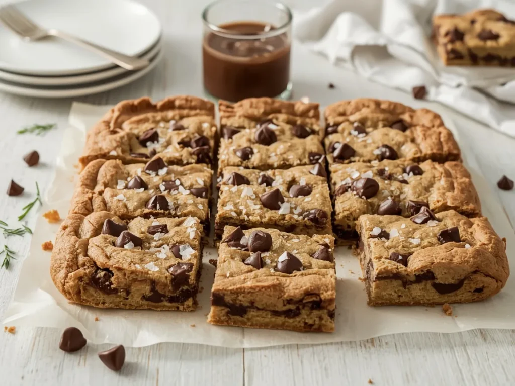 Chocolate chunk cookie bars with flaky salt cut into bars