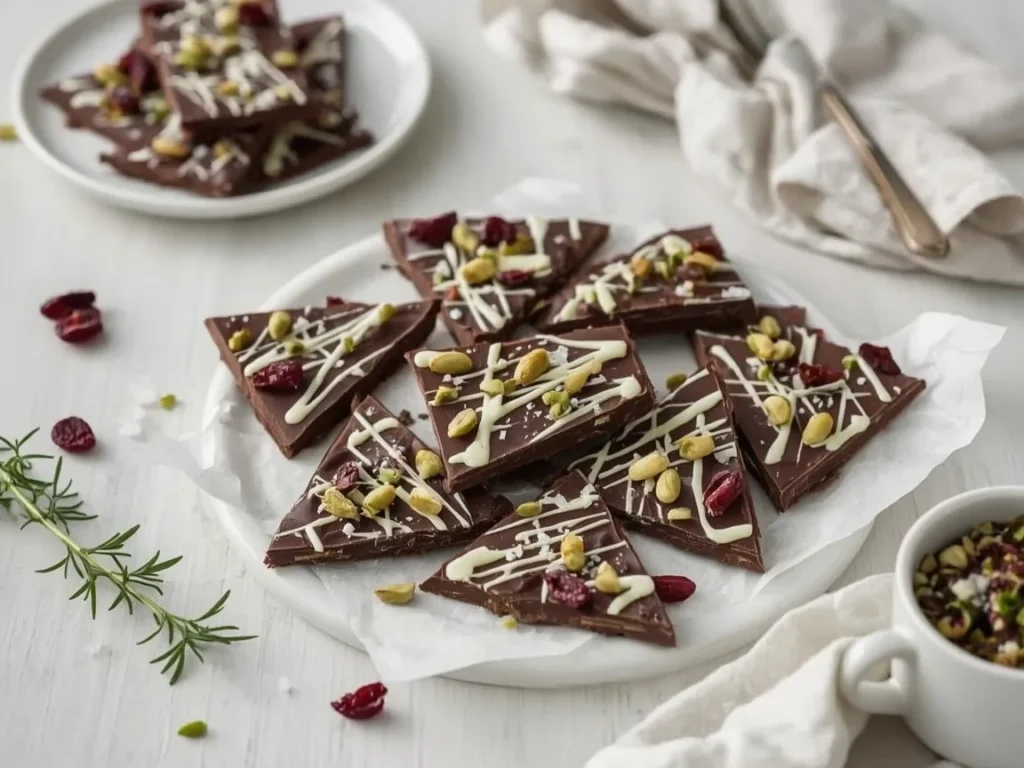 Dark chocolate bark with dried cranberries, pistachios and white chocolate swirls