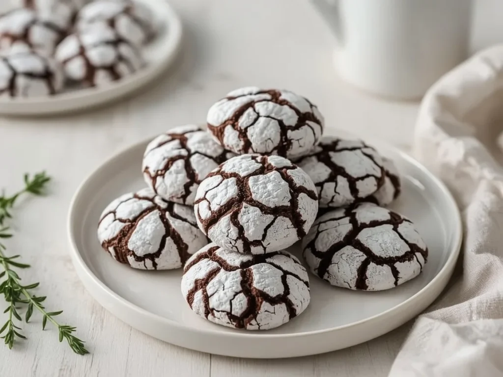 Chocolate crinkle cookies with powdered sugar coating piled on a white plate