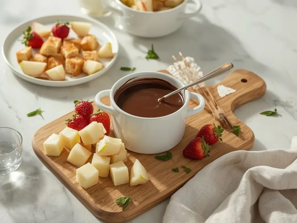 Chocolate fondue with pound cake cubes, pears, apples and strawberries