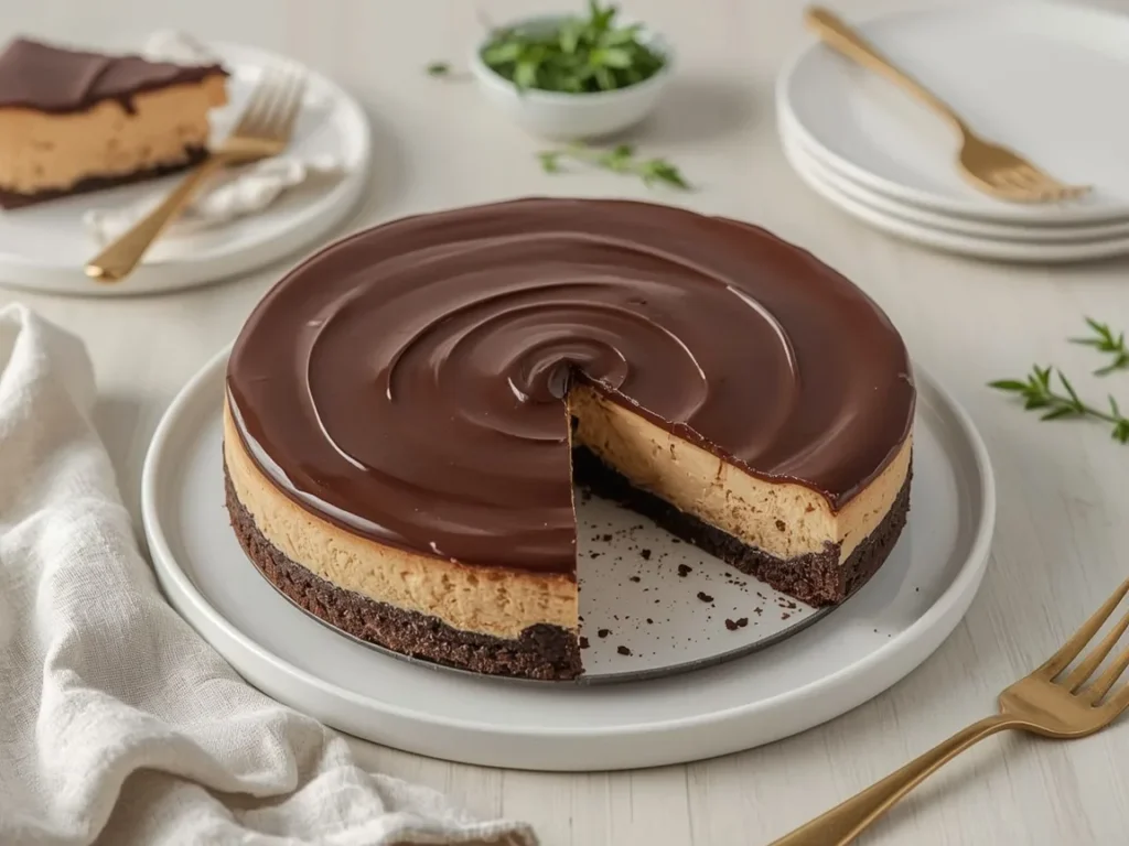 Chocolate ganache cheesecake with a slice cut