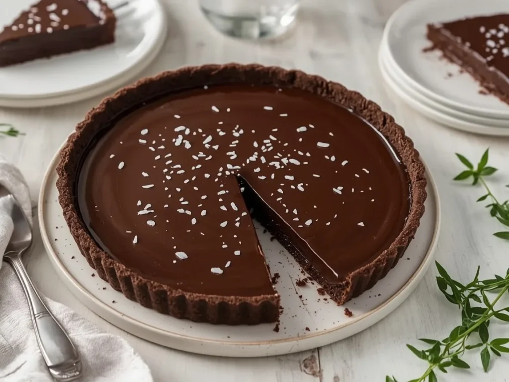 Chocolate ganache tart with flaky salt and a slice cut