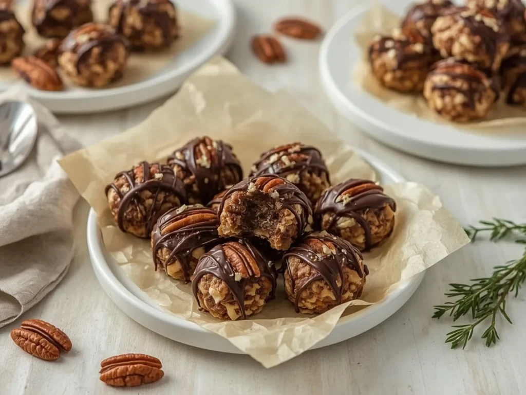 Chocolate pecan clusters with caramel on parchment paper