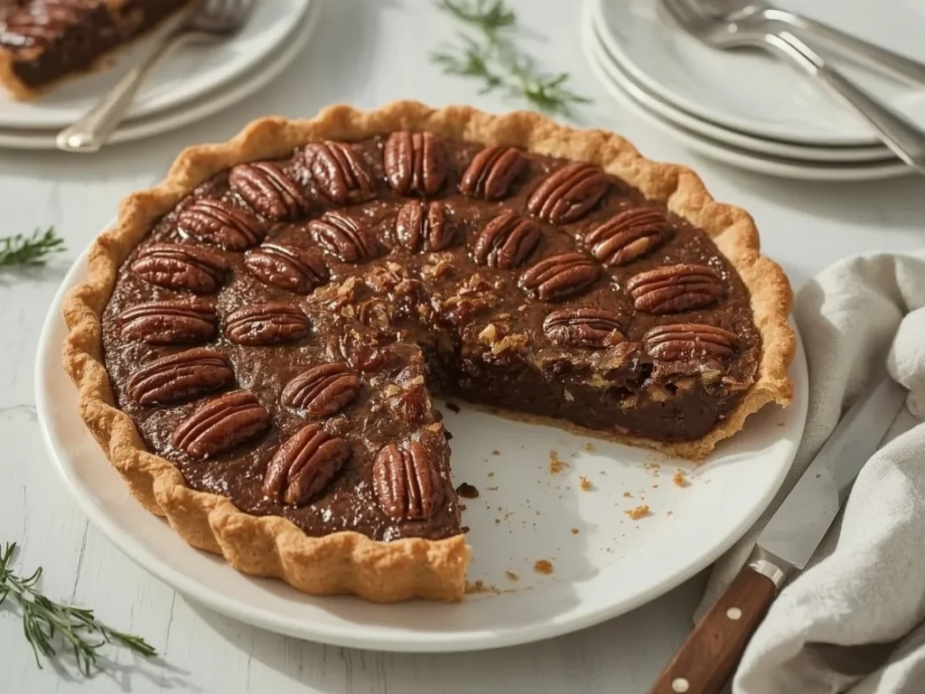 Chocolate pecan pie with glossy pecans and a slice showing the chocolate filling