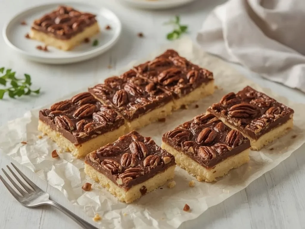 Chocolate pecan pie bars cut into squares on parchment paper