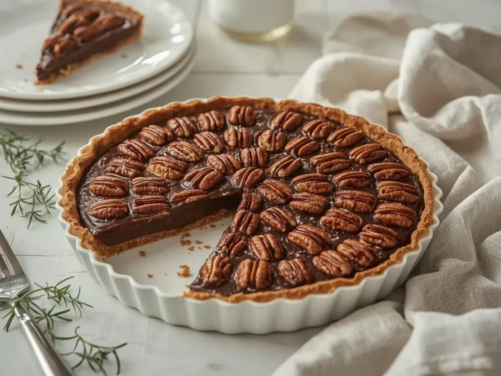 Chocolate pecan tart with a slice cut