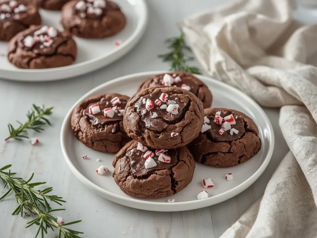 Chocolate peppermint cookies topped with crushed candy canes stacked on a white plate