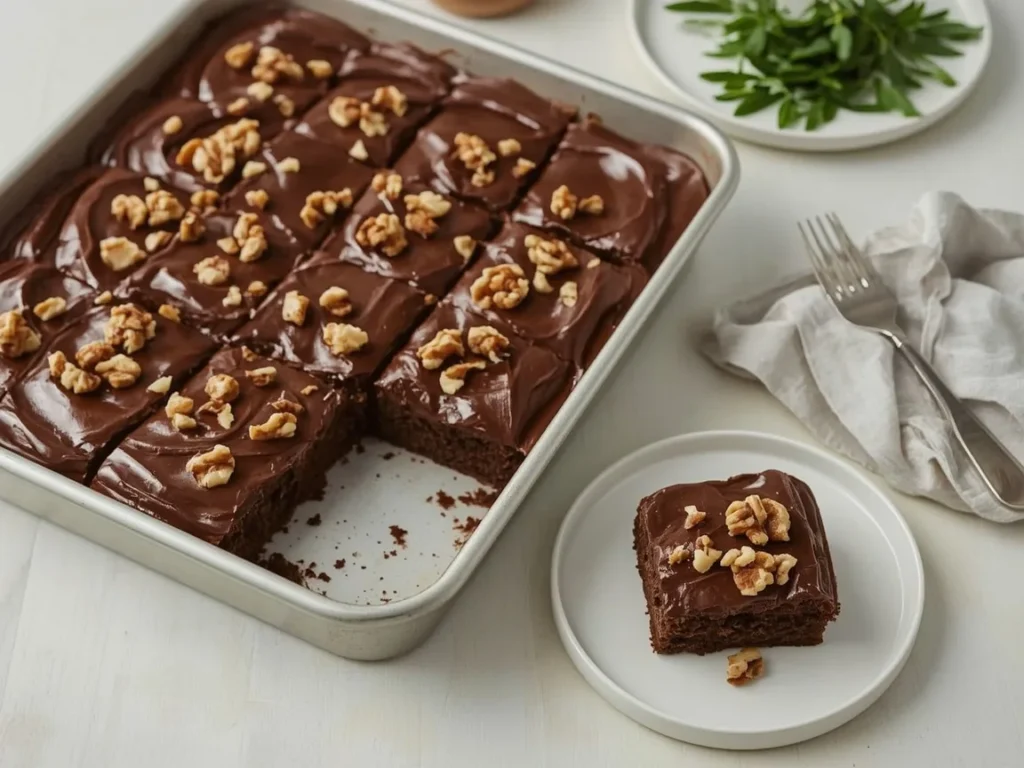 Chocolate sheet cake with fudgy frosting cut into squares
