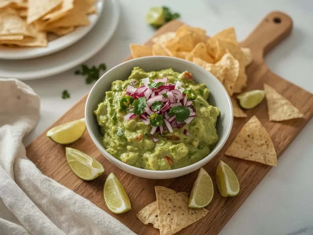 Chunky guacamole with cilantro and lime surrounded by tortilla chips