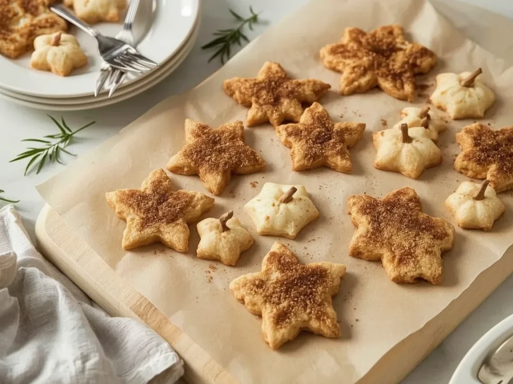 Leaf-shaped cinnamon sugar pie crust cookies on parchment
