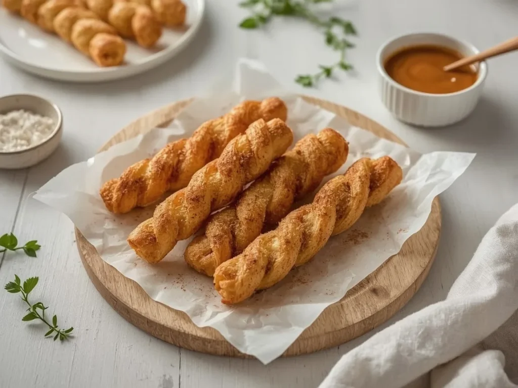 Cinnamon sugar puff pastry twists with a bowl of caramel sauce