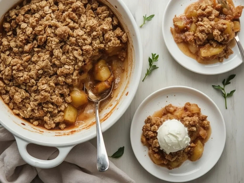 Classic apple crisp with golden oat topping and vanilla ice cream