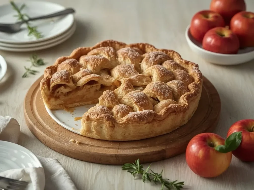 Classic double-crust apple pie with a slice cut to show the filling