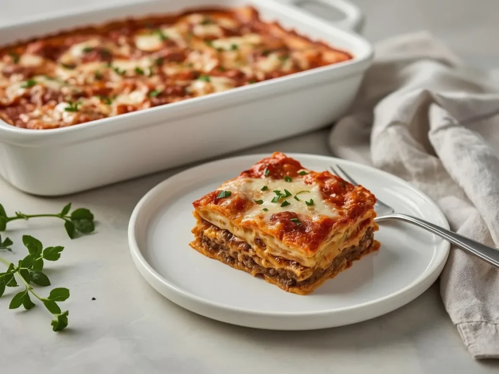 Slice of classic beef lasagna with layers of meat sauce and cheese