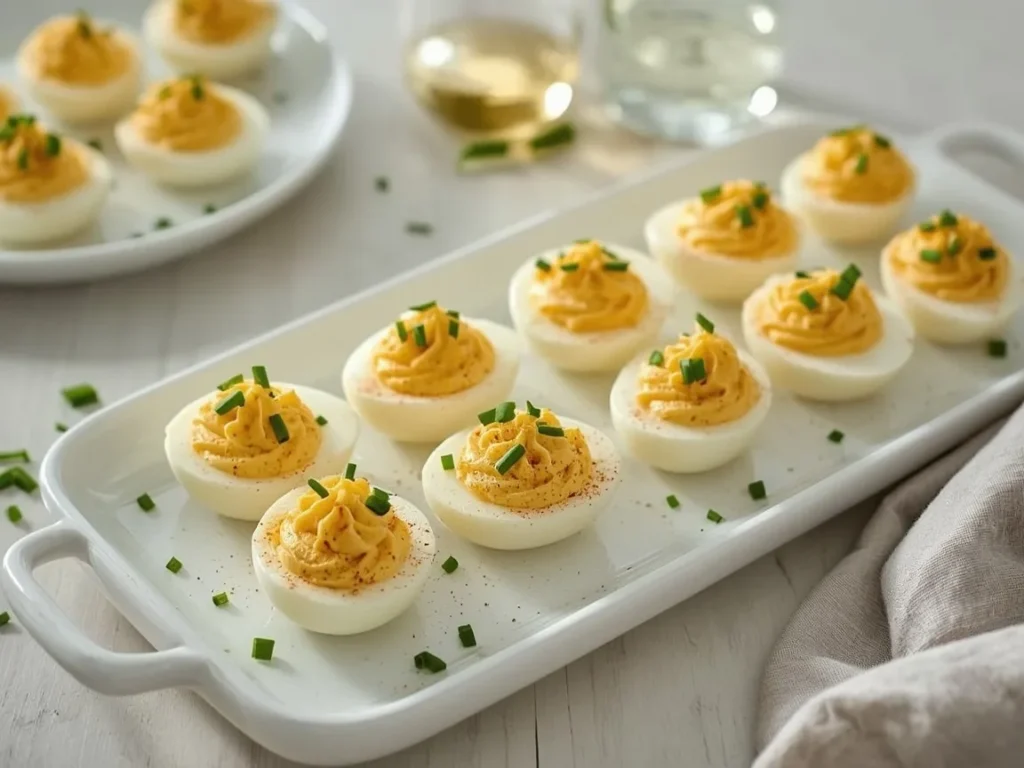 Classic deviled eggs with paprika and chives on a white platter