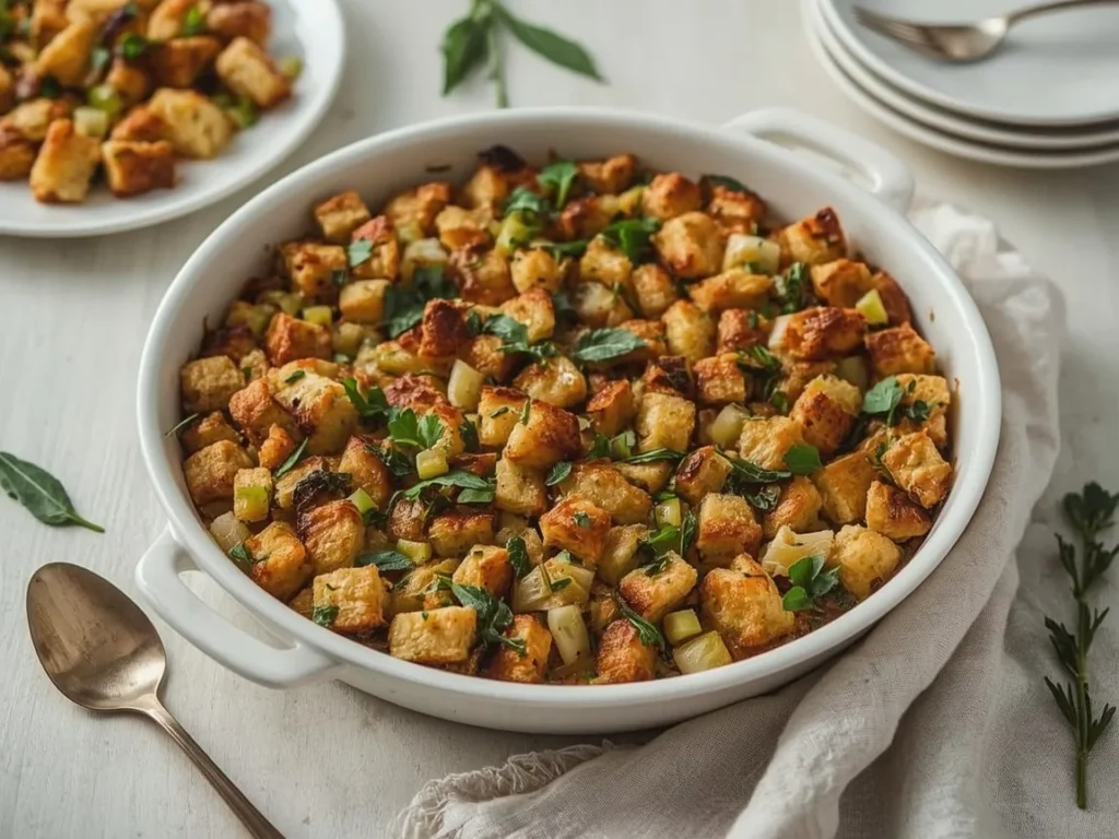 Classic herb and celery bread stuffing in a white baking dish