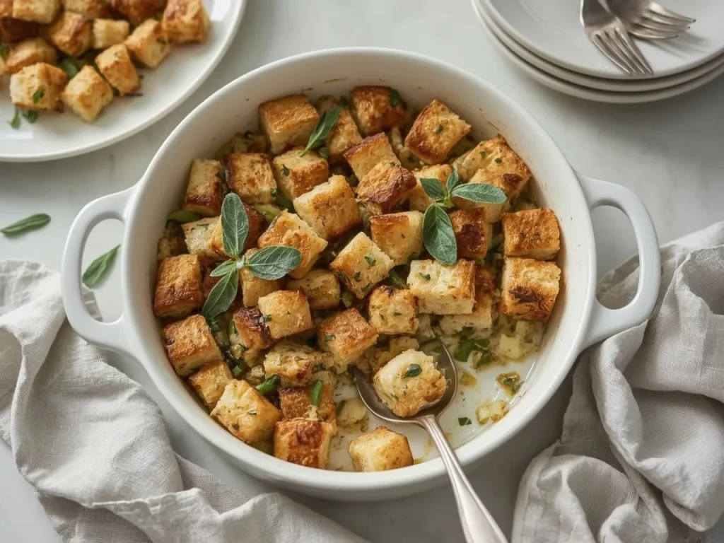 Classic herb stuffing with golden crisp top in a baking dish
