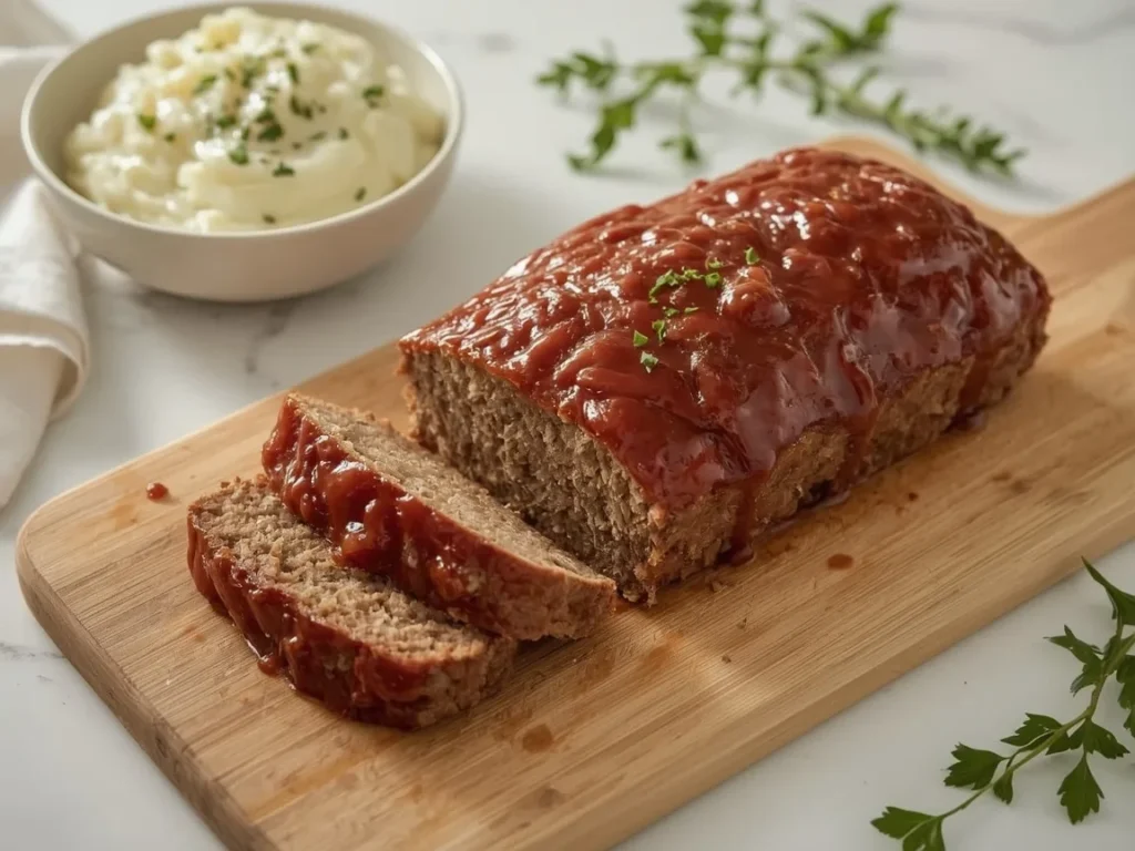 Classic meatloaf with brown sugar glaze sliced on a board