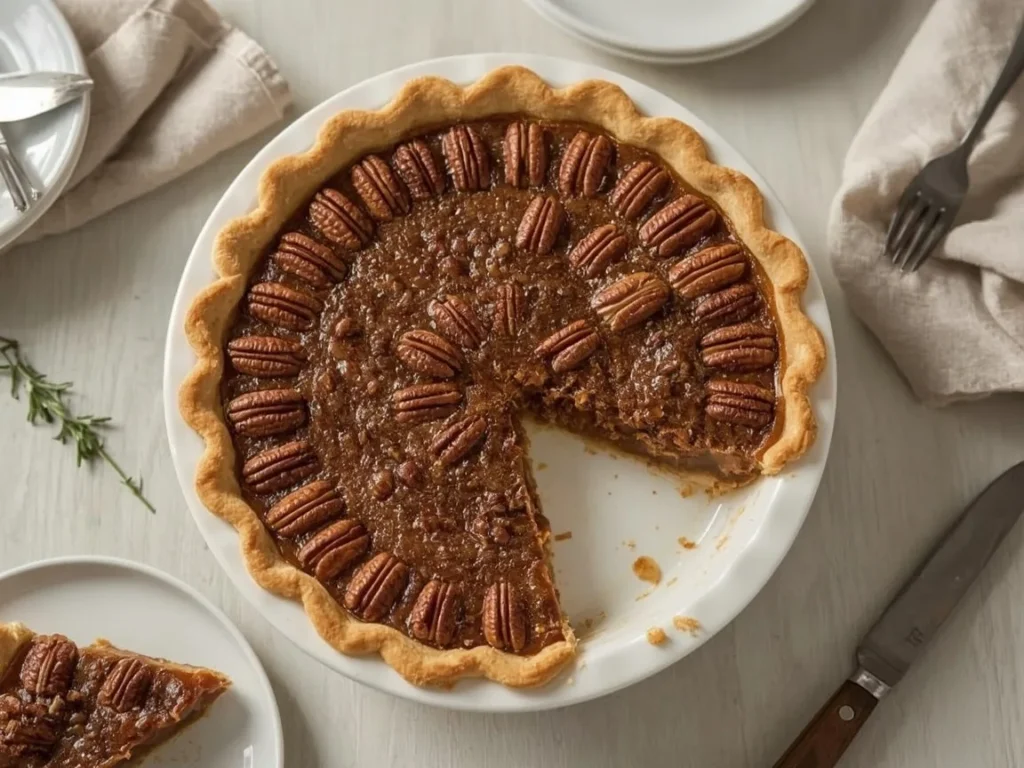 Pecan pie with glossy filling and a slice on a plate