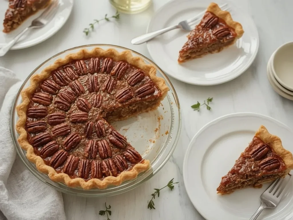 Classic pecan pie with a slice served on a plate