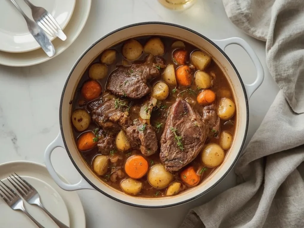 Classic pot roast with carrots and potatoes in a Dutch oven