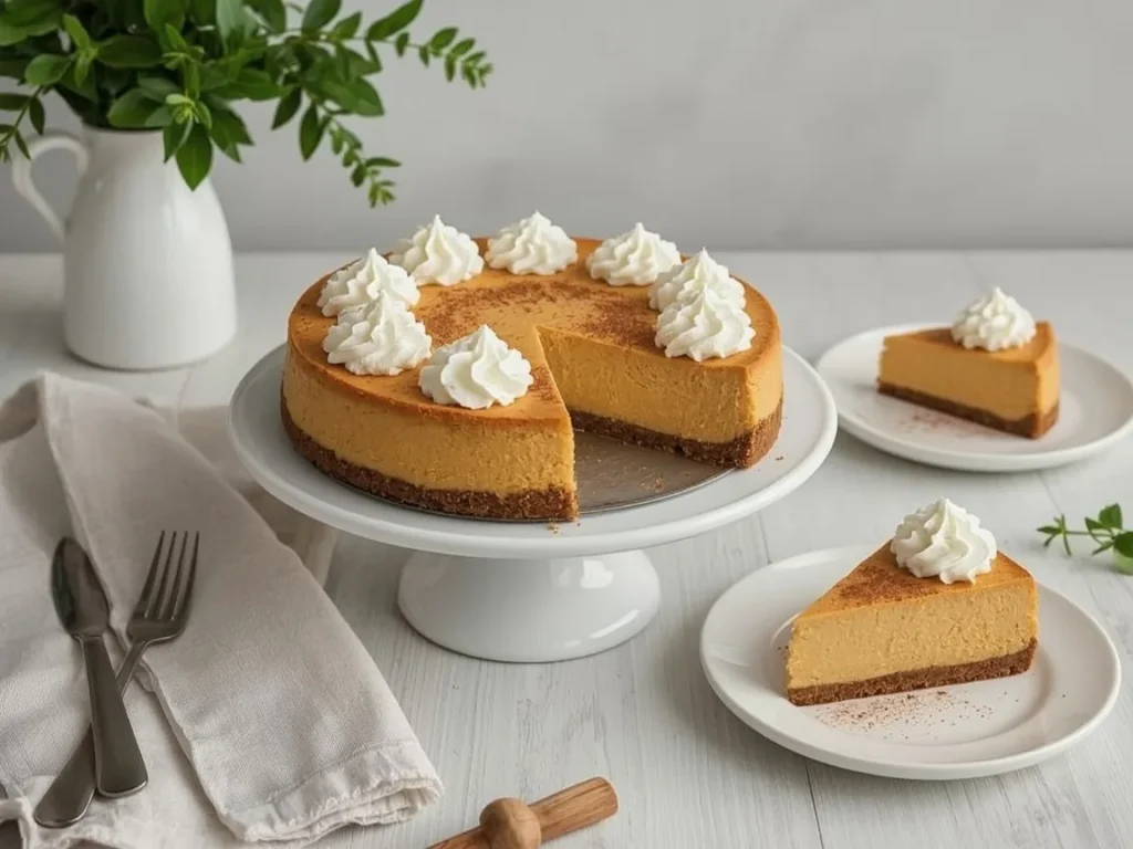 Pumpkin cheesecake with gingersnap crust and whipped cream