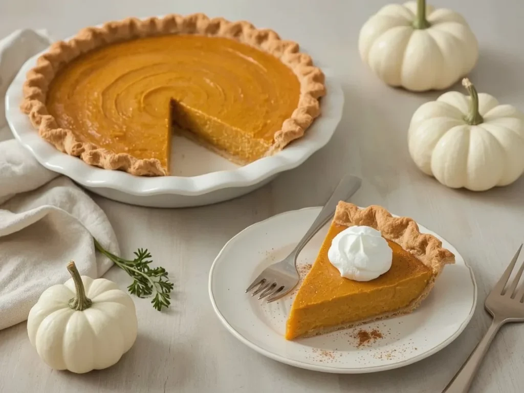 Classic pumpkin pie with a crimped crust and a slice served with whipped cream