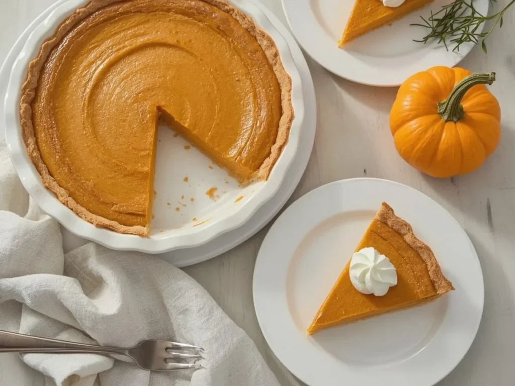Classic pumpkin pie with whipped cream and a slice on a plate