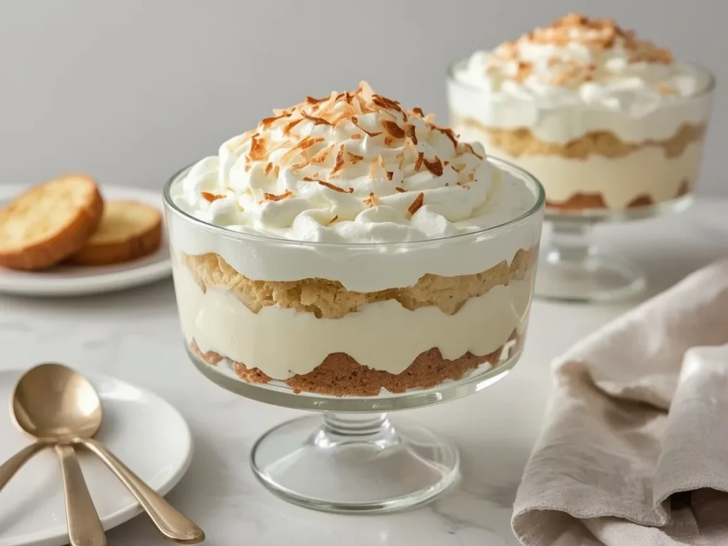 Coconut cream pie trifle topped with toasted coconut