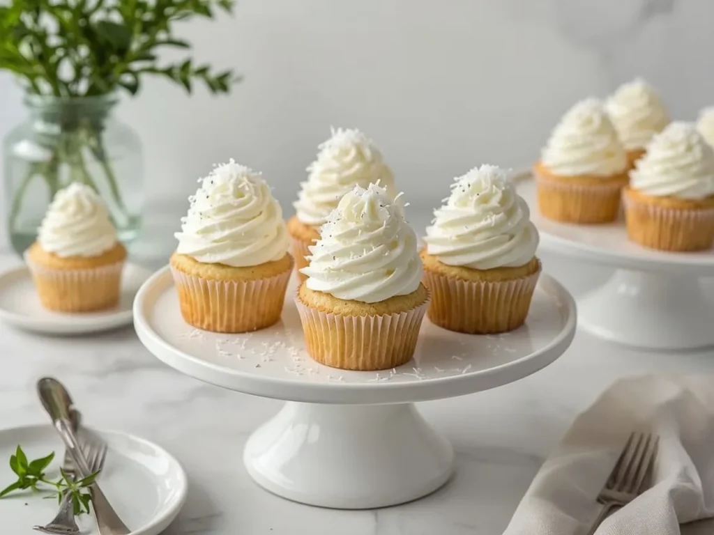 Coconut cupcakes with cream cheese frosting and shredded coconut on a cake stand
