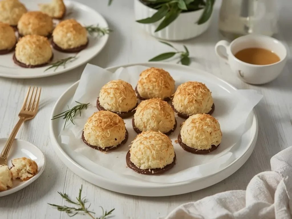 Coconut macaroons with chocolate-dipped bottoms on parchment paper