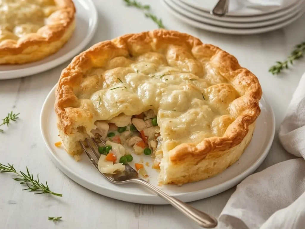 Chicken pot pie with puffed golden pastry and creamy filling