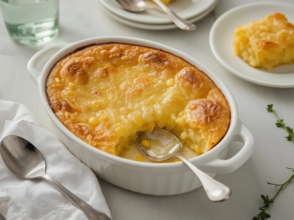 Golden baked corn pudding in a white oval dish