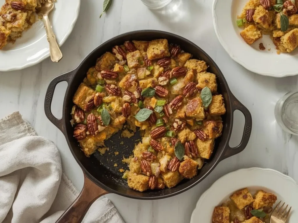 Cornbread stuffing with pecans and sage in a cast-iron skillet