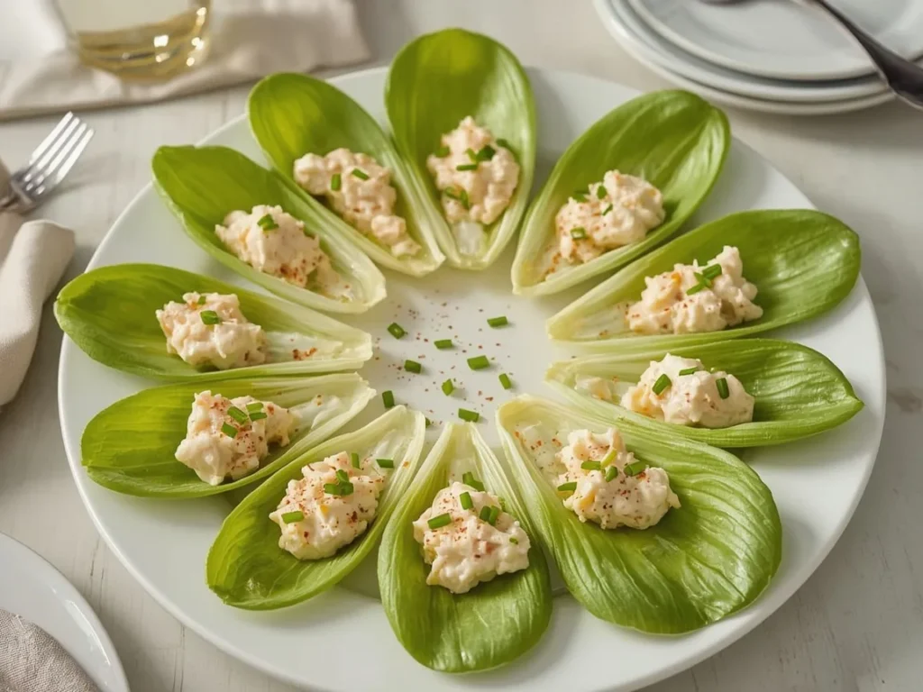 Endive leaves filled with crab salad, paprika and chives on a white platter