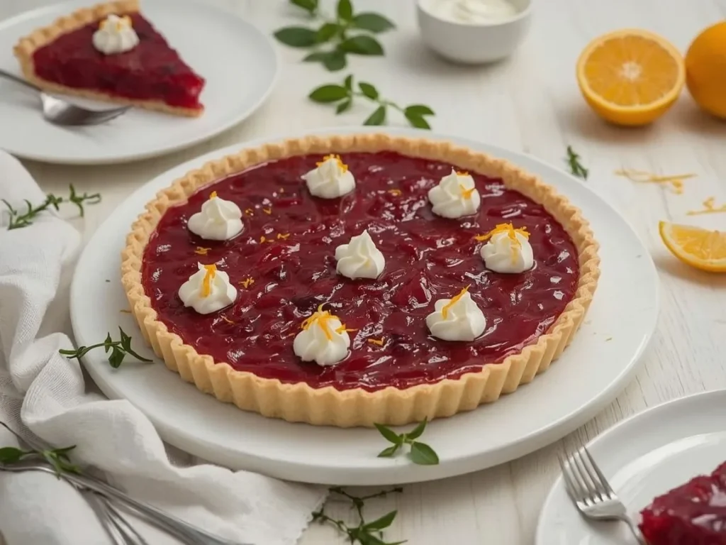 Cranberry curd tart in a shortbread crust with whipped cream