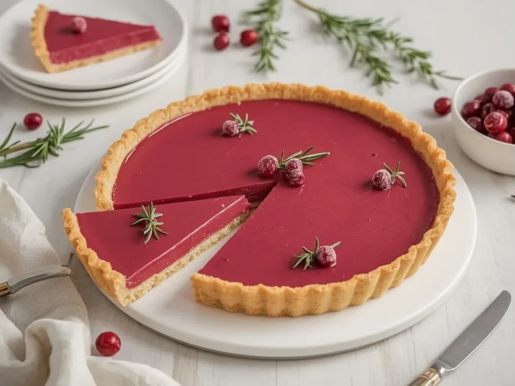 Cranberry curd tart topped with sugared cranberries